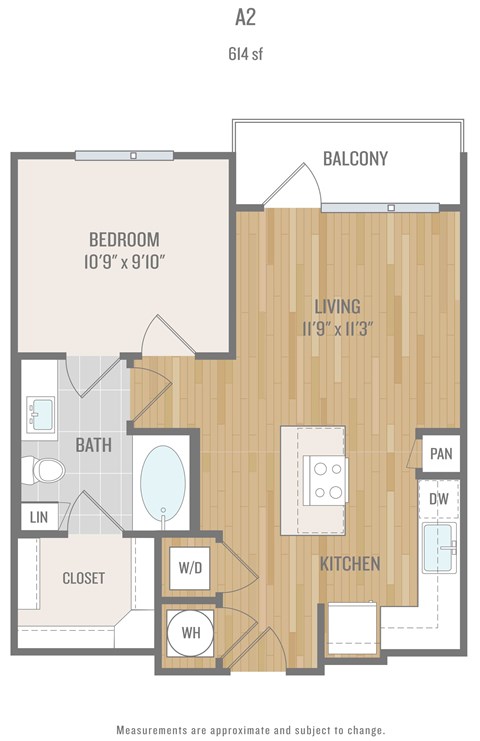 Floor plan for 1 bed, 1 bath, 614 sqft